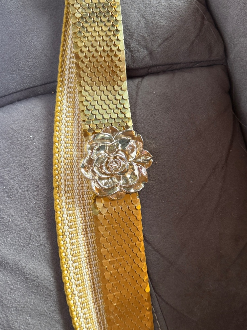 Gold Sequin Stretch Waist Belt with Floral Buckle